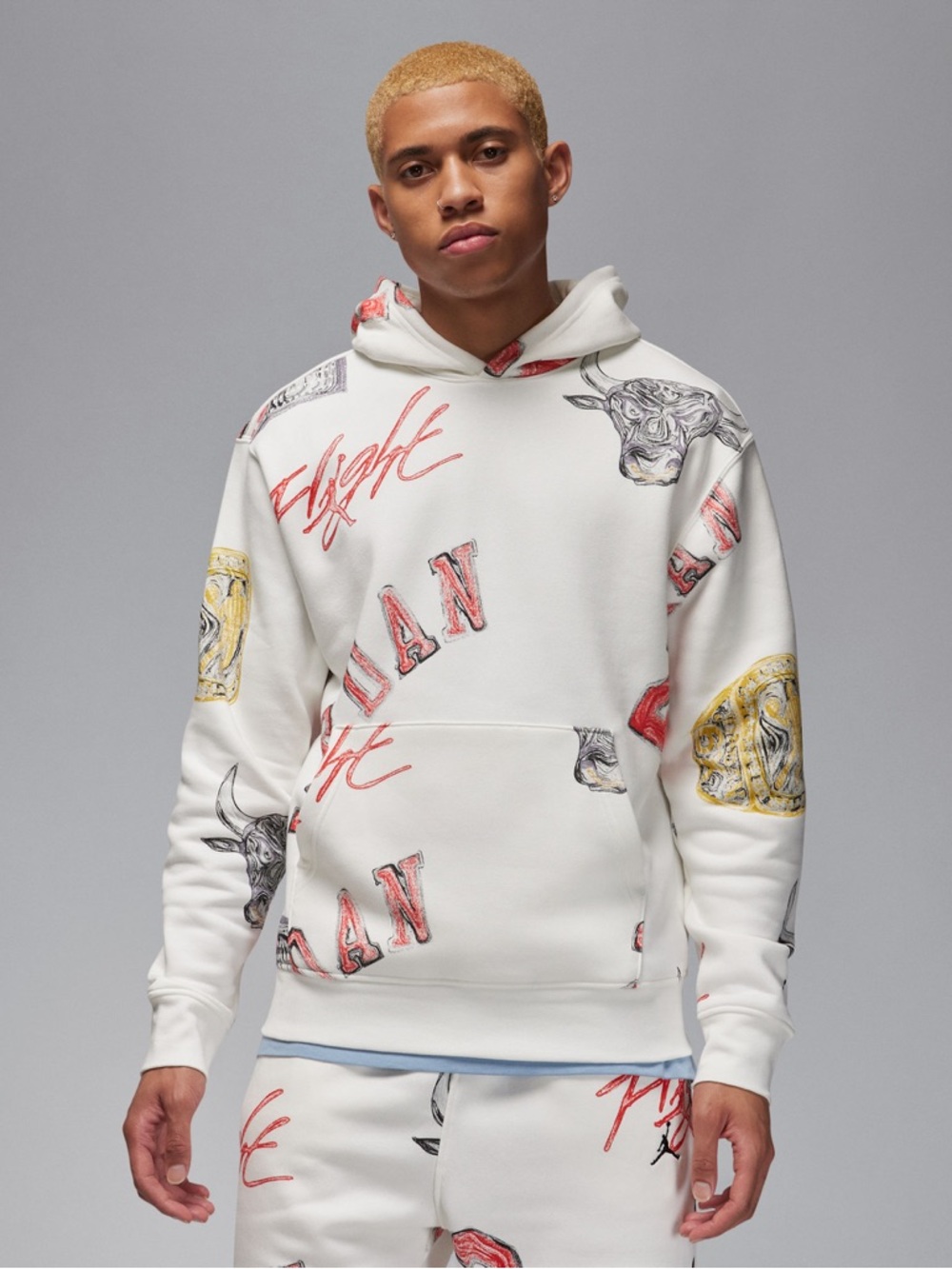 Air Jordan Hooded Sweatshirt Men All Over Print Flight Basketball Bulls White XL